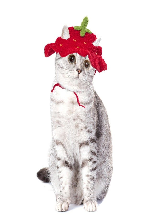 Clofiak Strawberry Cat Hats for Cats Only, Cute Cotton Knitted Clothes for Birthday Party, Christmas Puppy Hat for Small Pets - Image 1